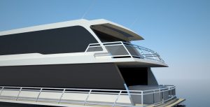 Modern luxury yacht with sleek design on calm sea.